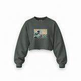 Kanagawa Oki Nami Ura Oversize Crop Sweatshirt — Antrasit — Ön baskı