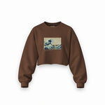 Kanagawa Oki Nami Ura Oversize Crop Sweatshirt — Kahverengi — Ön baskı