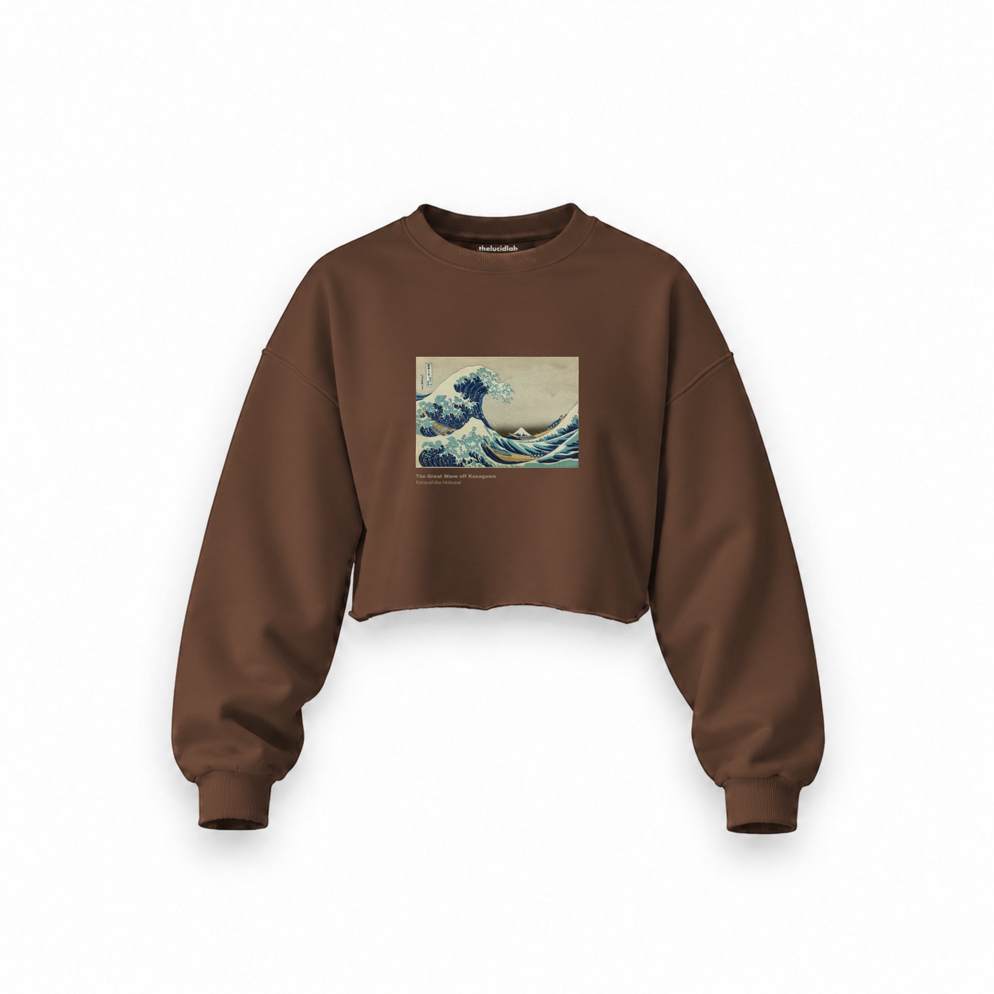 Kanagawa Oki Nami Ura Oversize Crop Sweatshirt — Kahverengi — Ön baskı