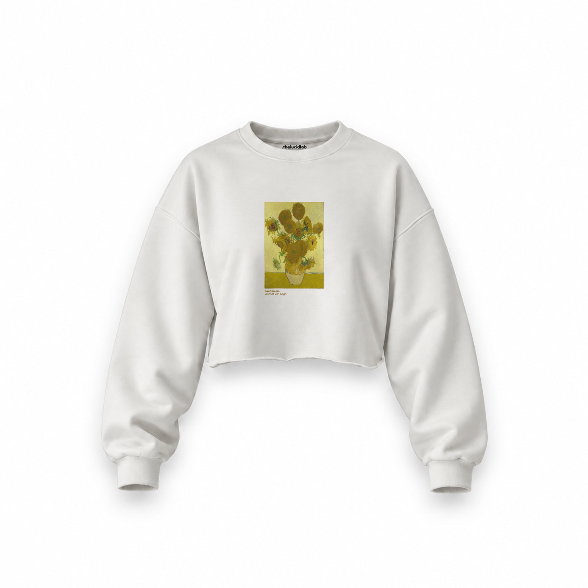 Sunflowers Oversize Crop Sweatshirt — Beyaz — Ön baskı