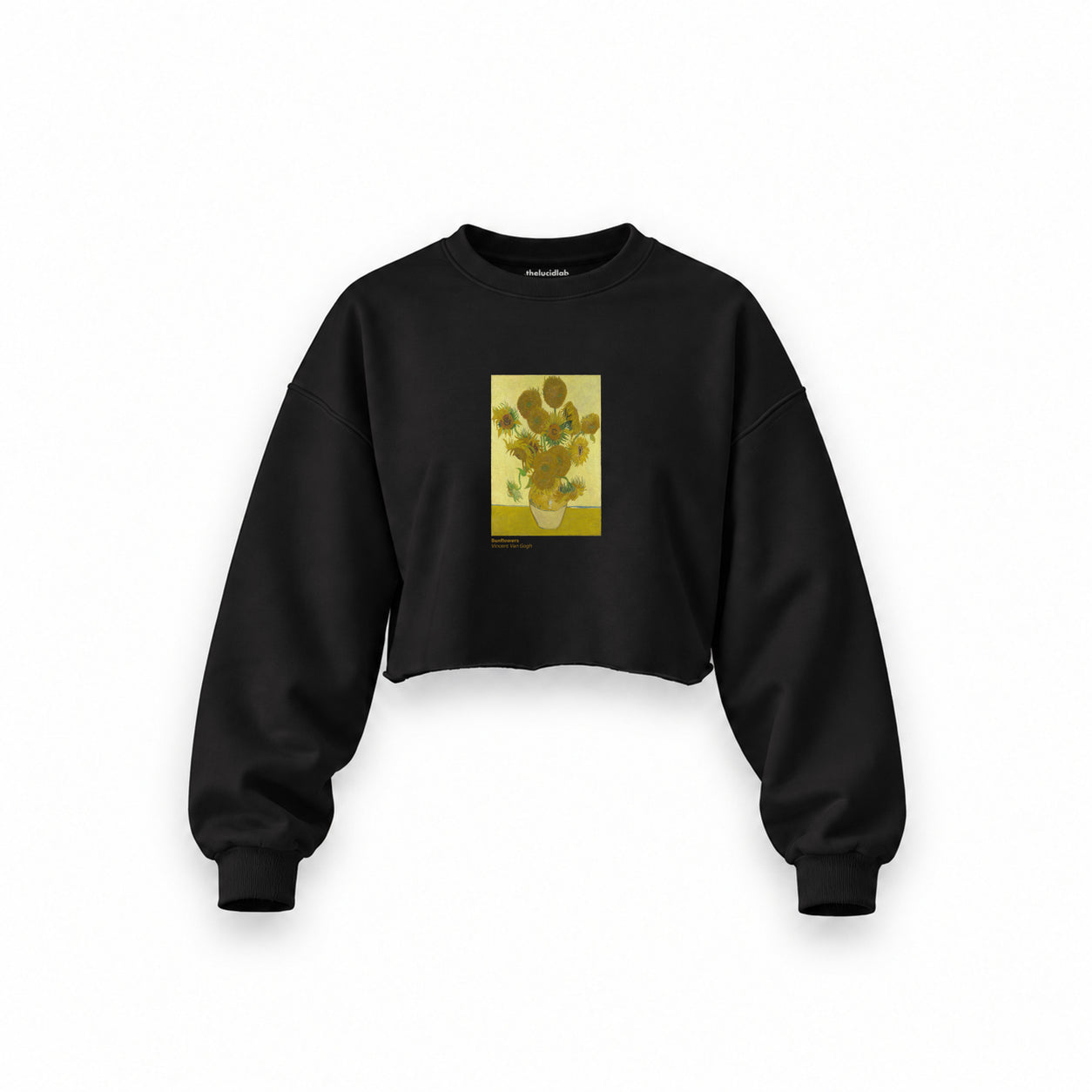 Sunflowers Oversize Crop Sweatshirt — Siyah — Ön baskı