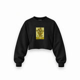 Sunflowers Oversize Crop Sweatshirt — Siyah — Ön baskı