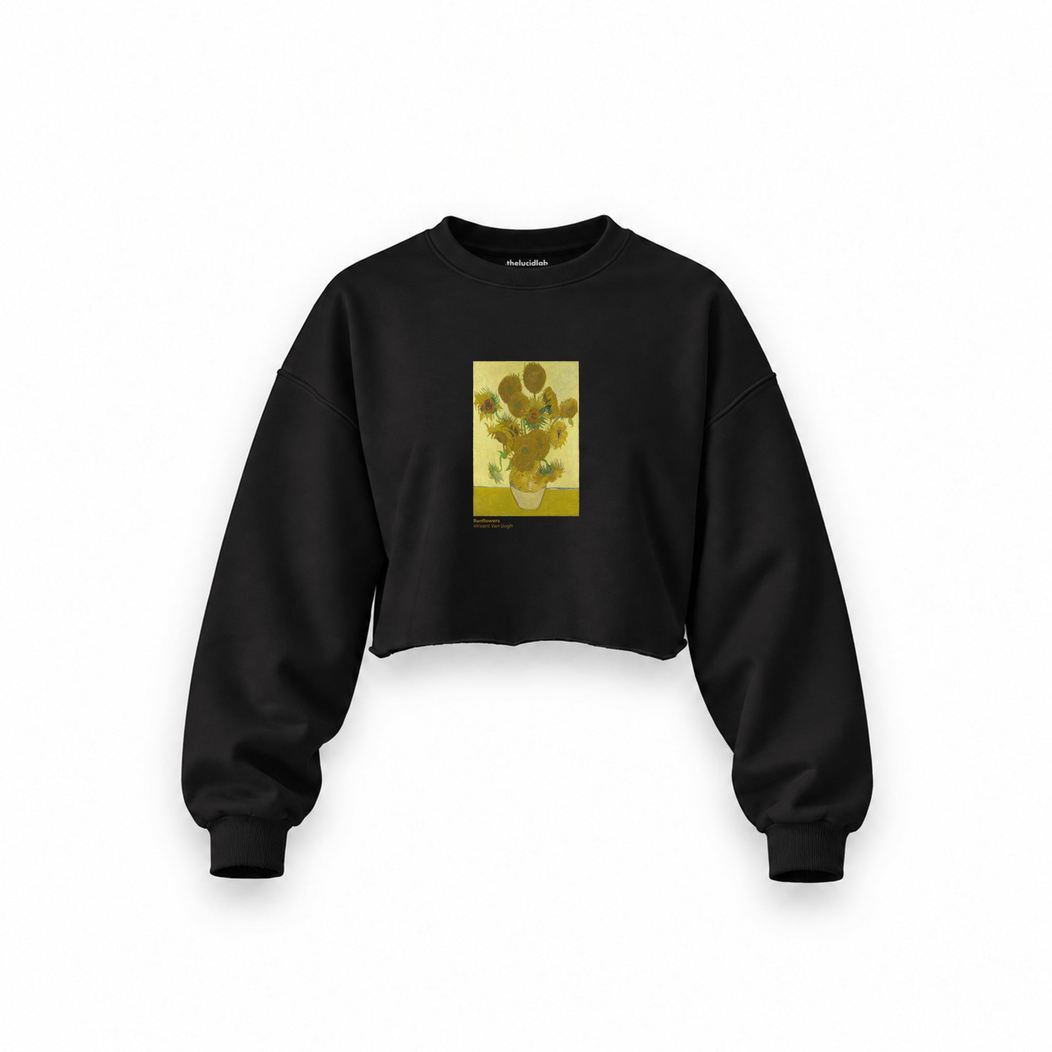 Sunflowers Oversize Crop Sweatshirt — Siyah — Ön baskı