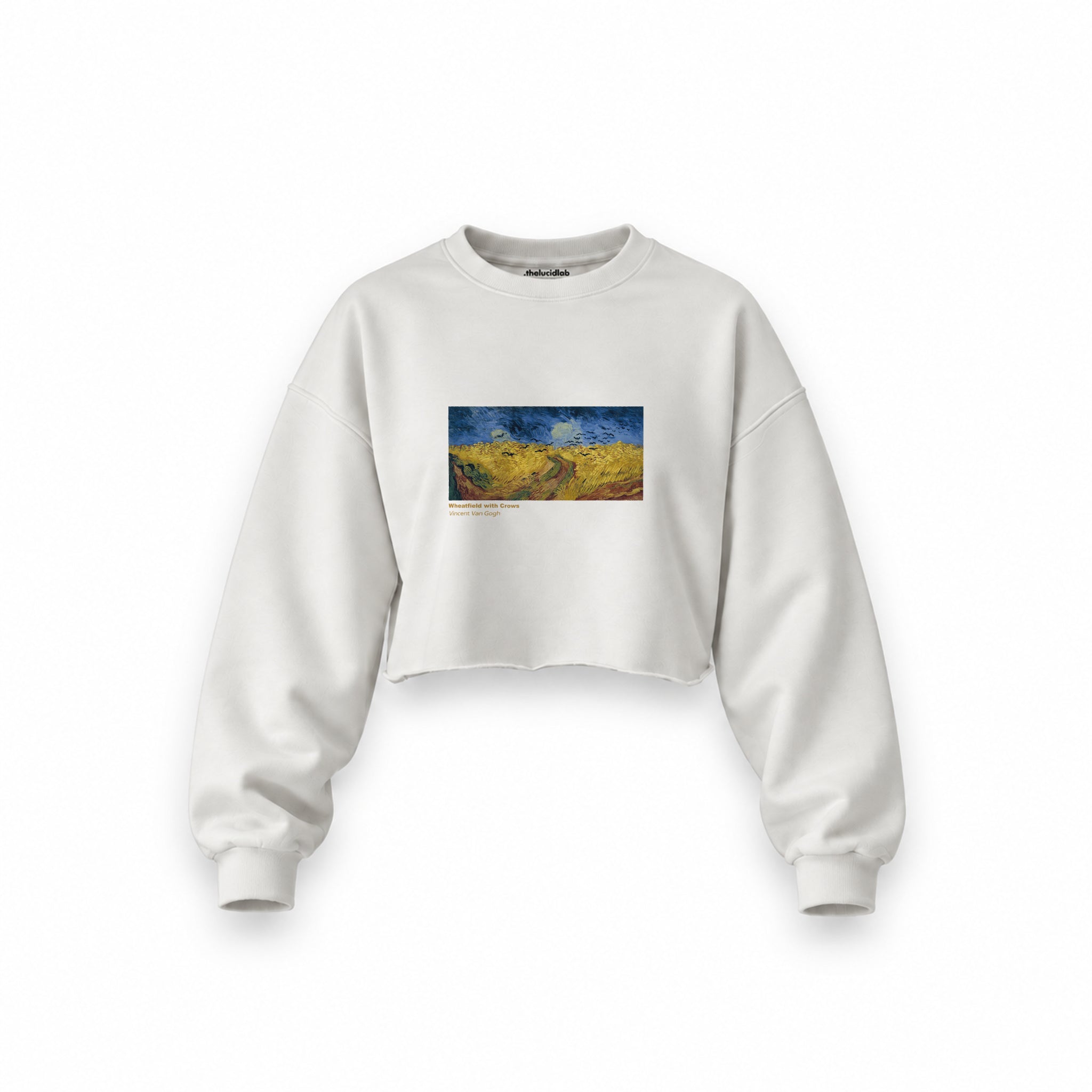 Buğday Tarlası ve Kargalar Oversize Crop Sweatshirt — Beyaz — Ön baskı