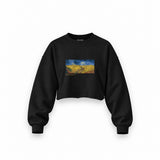 Buğday Tarlası ve Kargalar Oversize Crop Sweatshirt — Siyah — Ön baskı