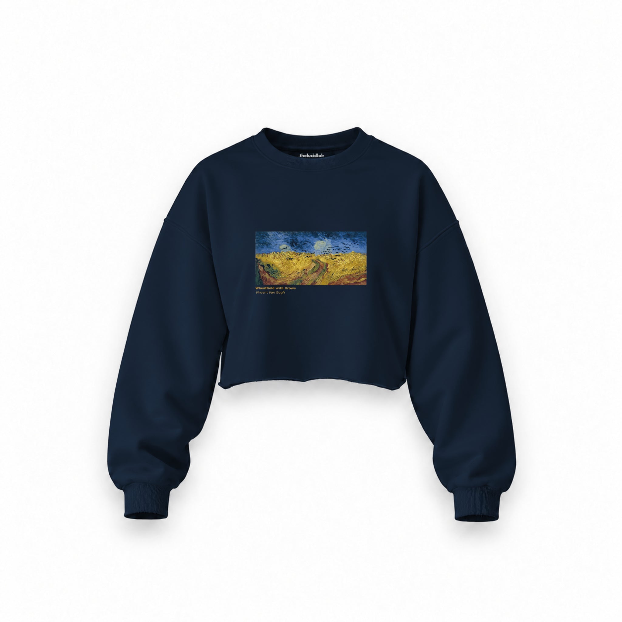 Buğday Tarlası ve Kargalar Oversize Crop Sweatshirt — Lacivert — Ön baskı