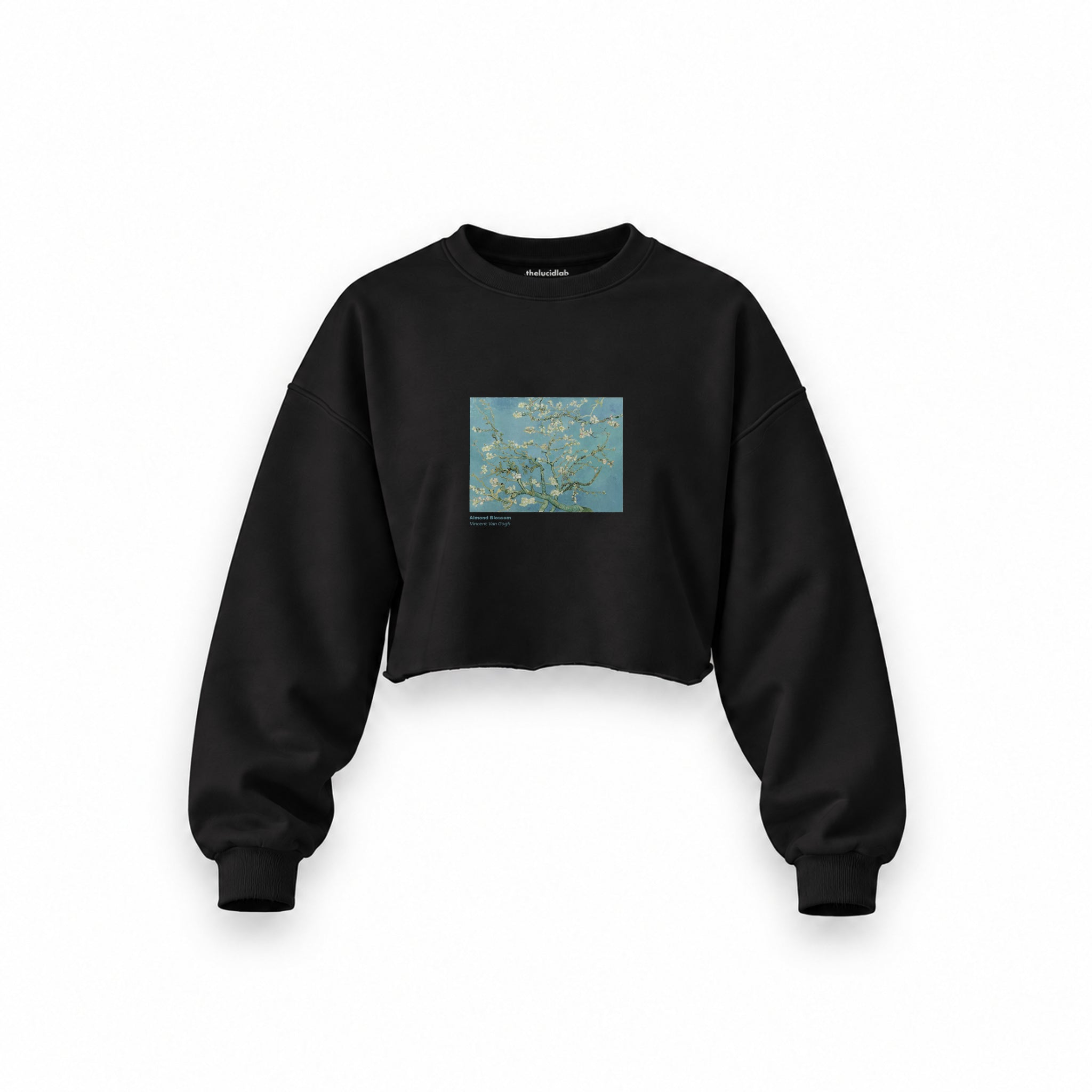 Almond Blossoms Oversize Crop Sweatshirt — Siyah — Ön baskı
