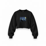 The Starry Night Oversize Crop Sweatshirt — Siyah — Ön baskı