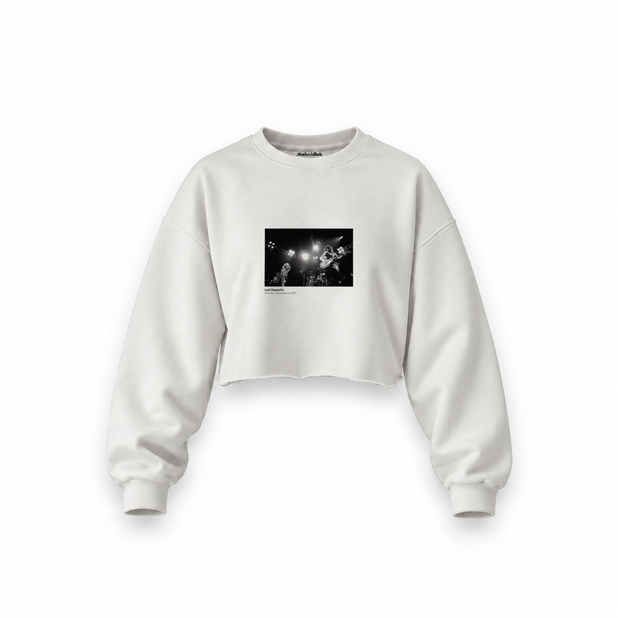Led Zeppelin Pontiac Silverdome 1977 Oversize Crop Sweatshirt — Beyaz — Ön baskı