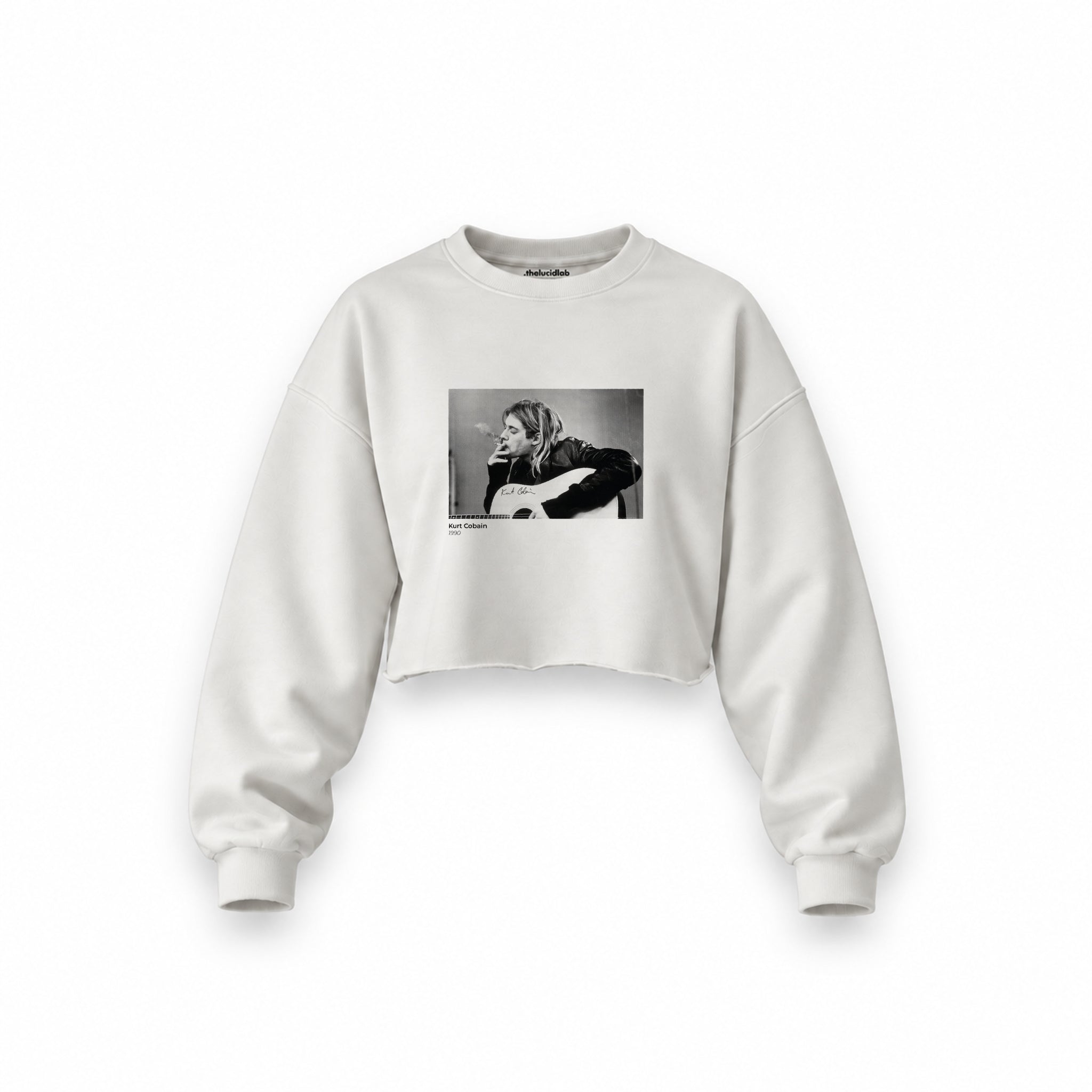 Kurt Cobain 1990 Oversize Crop Sweatshirt — Beyaz — Ön baskı