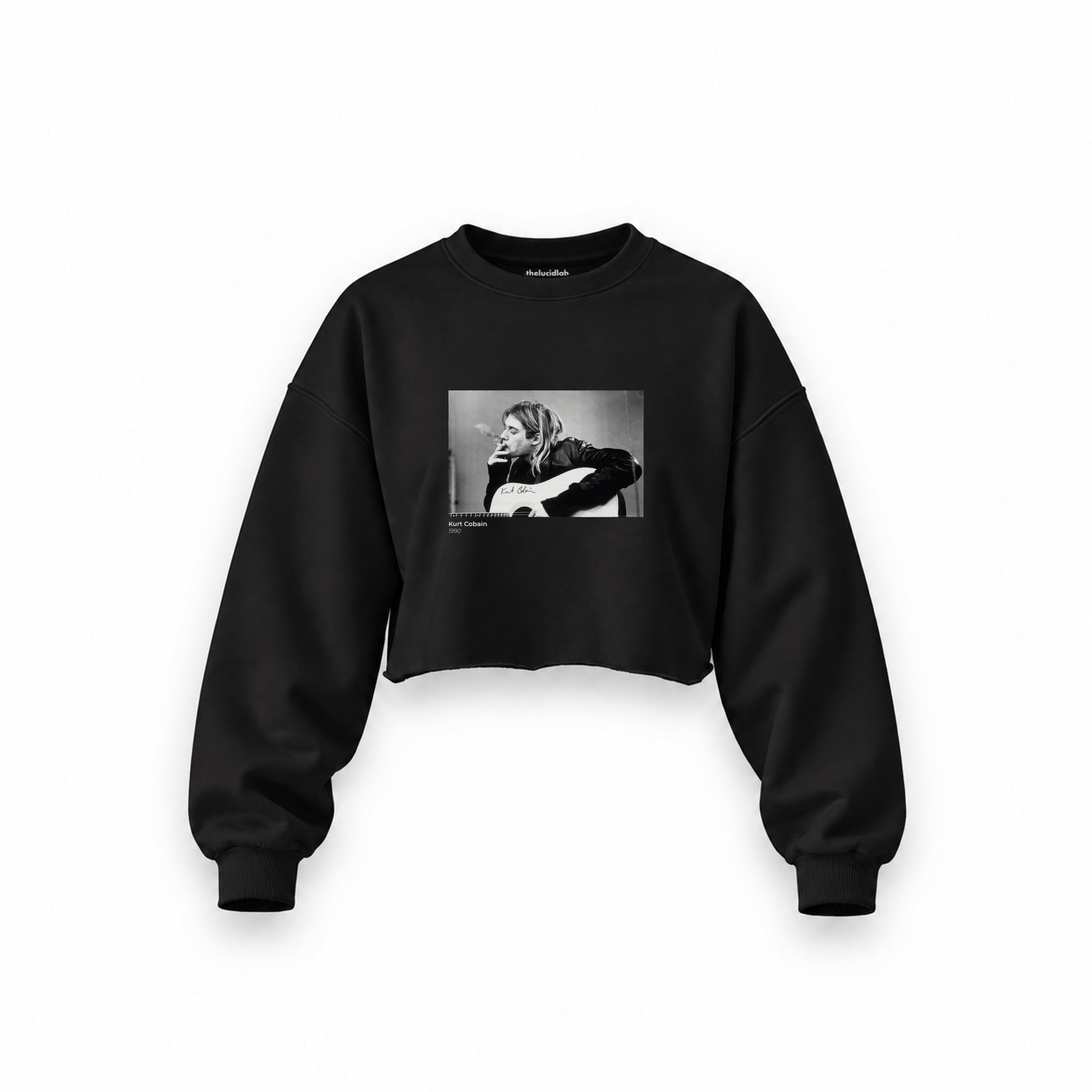 Kurt Cobain 1990 Oversize Crop Sweatshirt — Siyah — Ön baskı