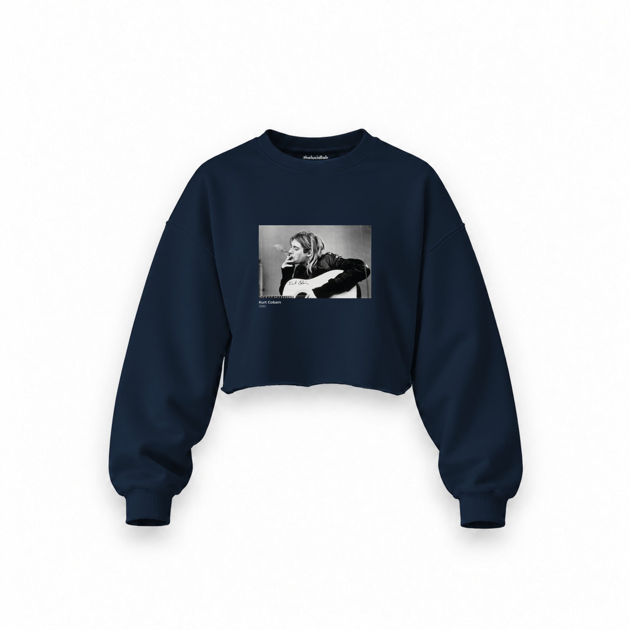 Kurt Cobain 1990 Oversize Crop Sweatshirt — Lacivert — Ön baskı