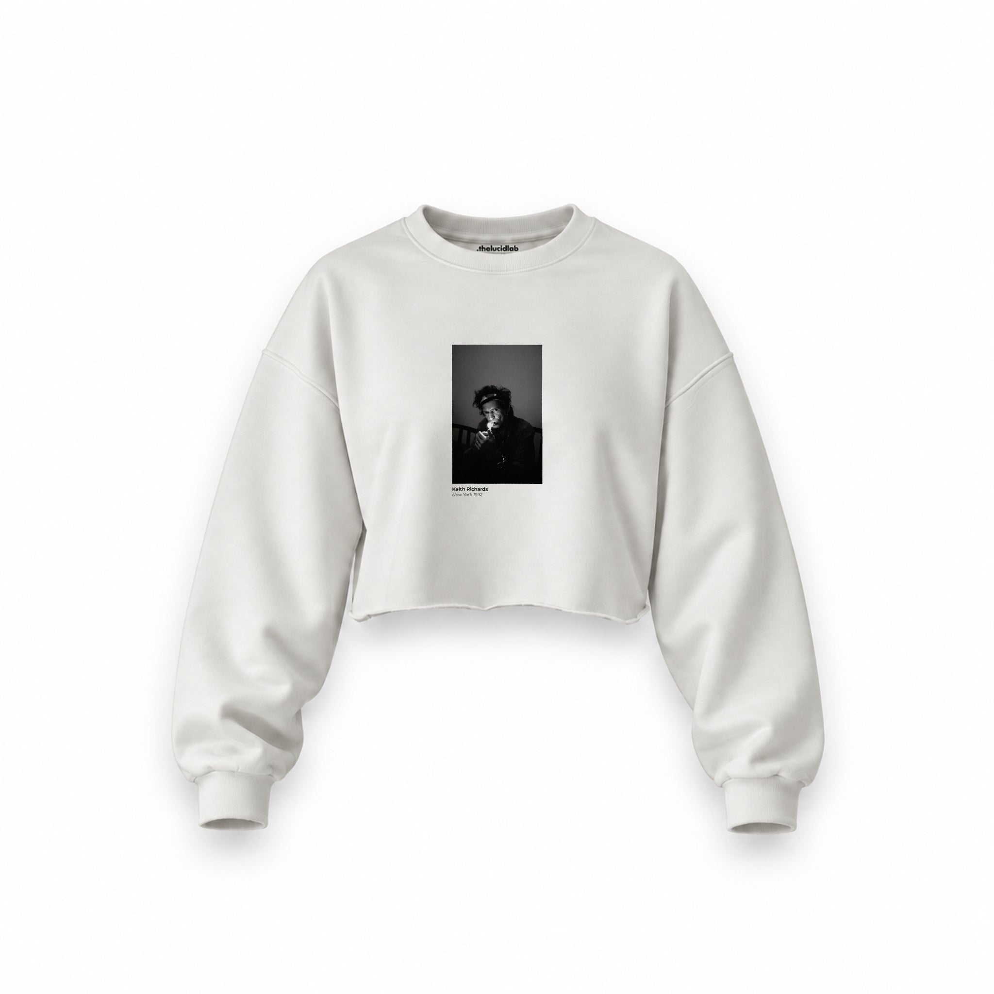 Keith Richards New York 1992 Oversize Crop Sweatshirt — Beyaz — Ön baskı