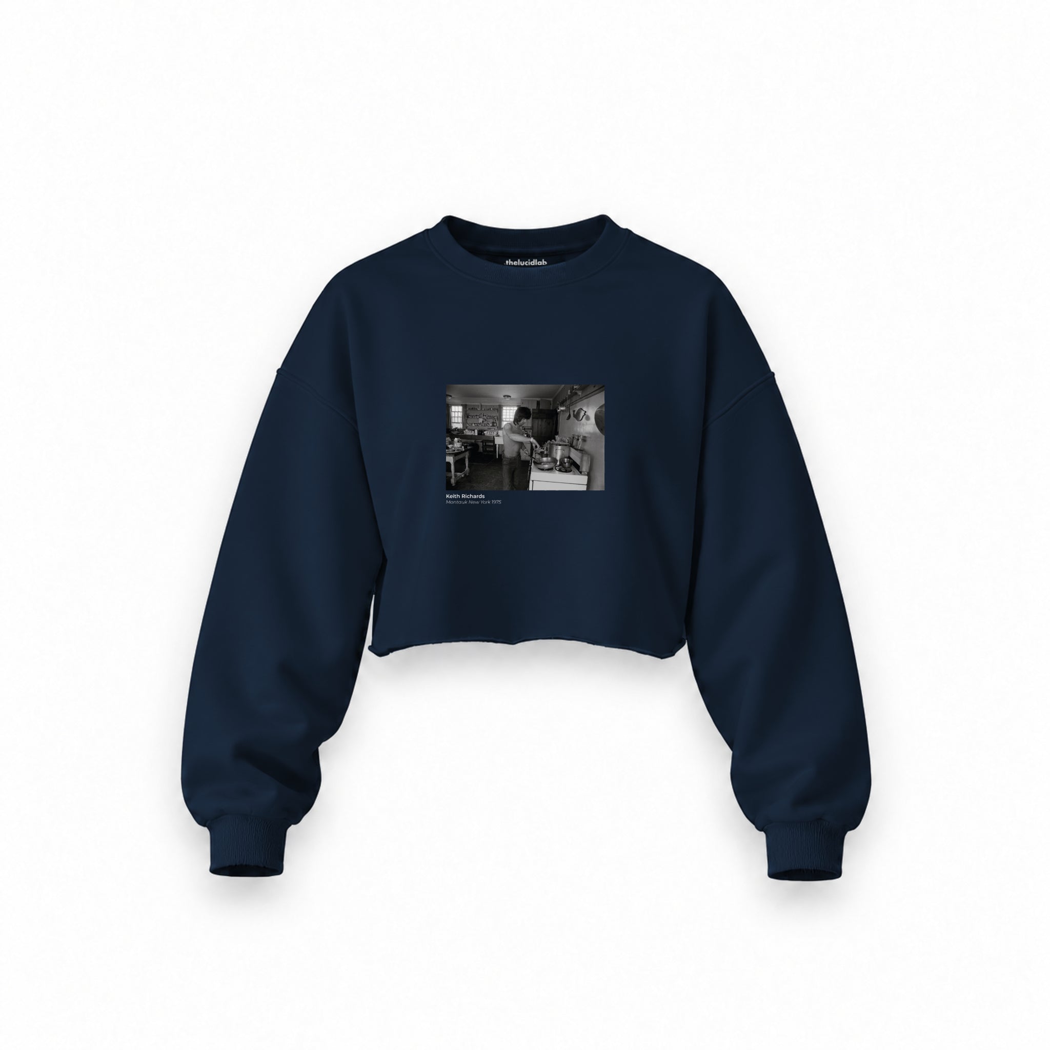 Keith Richards Montauk New York 1975 Oversize Crop Sweatshirt — Lacivert — Ön baskı