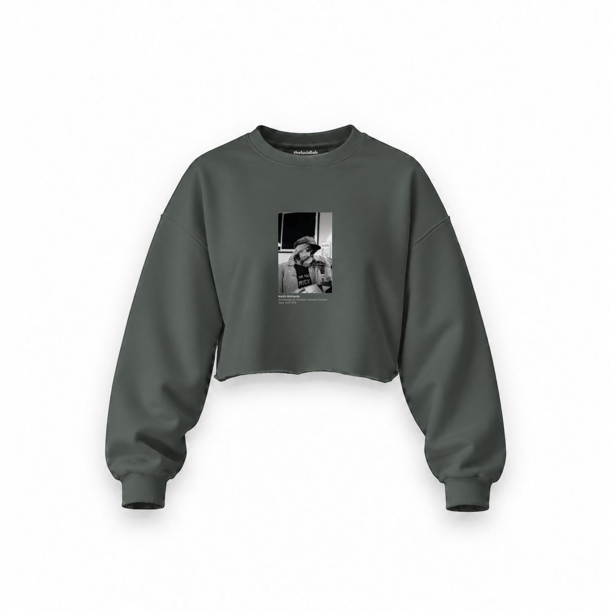 Keith Richards backstage at Madison Square Garden New York 1975 Oversize Crop Sweatshirt — Antrasit — Ön baskı
