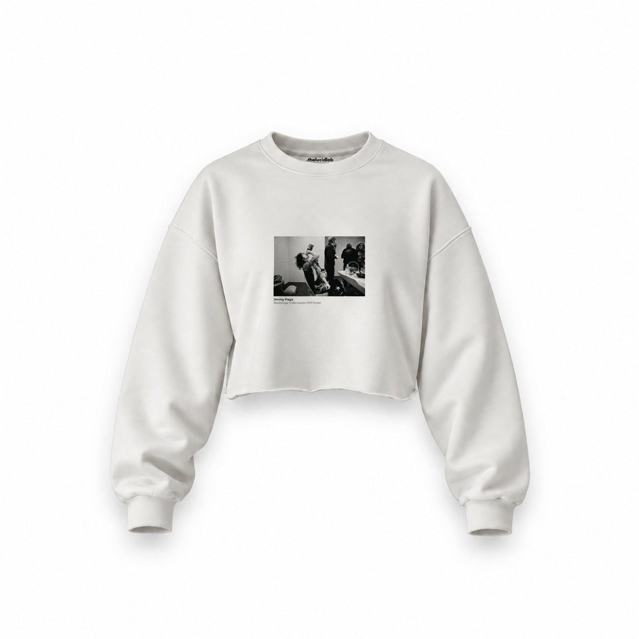 Jimmy Page Backstage Indianapolis 1975 Oversize Crop Sweatshirt — Beyaz — Ön baskı