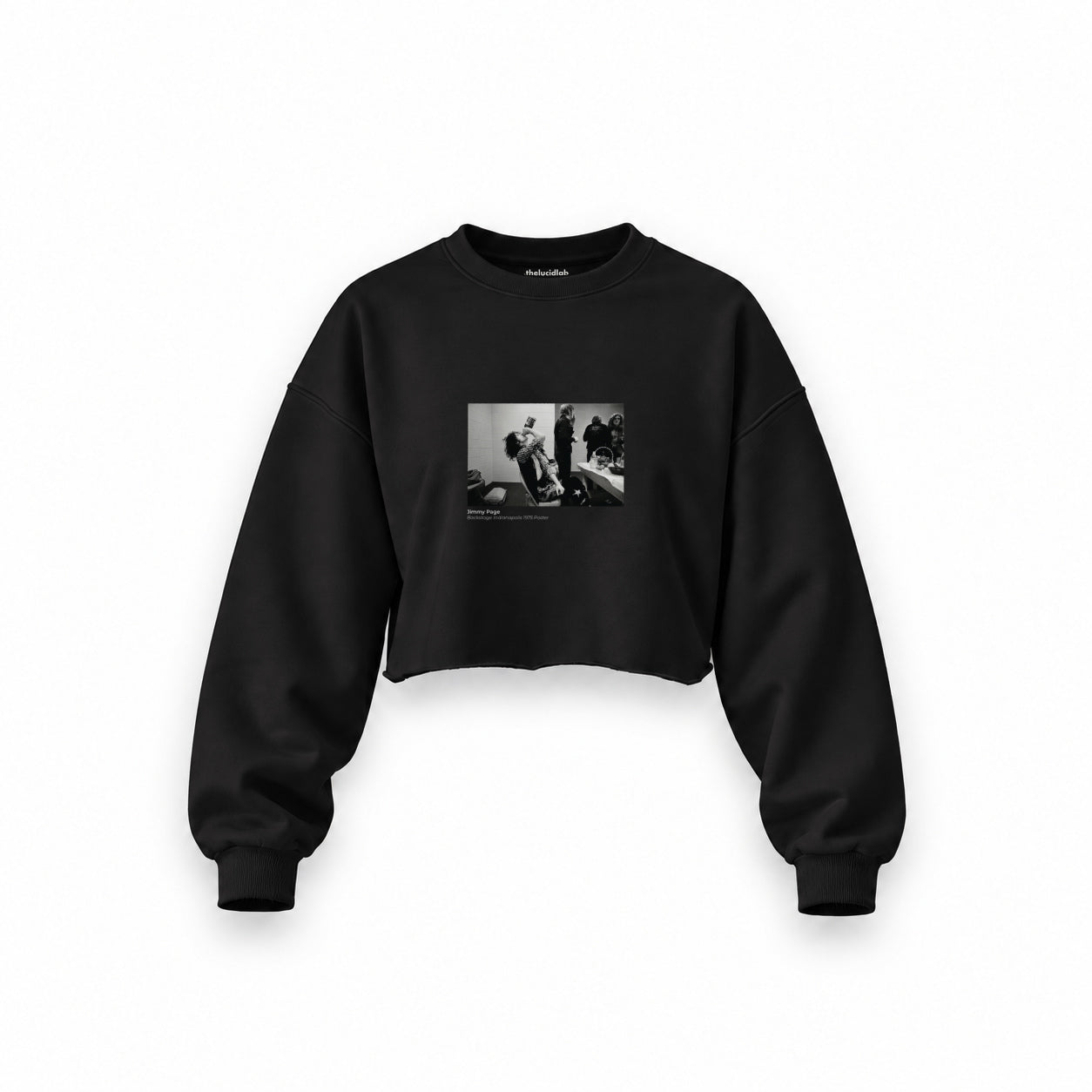 Jimmy Page Backstage Indianapolis 1975 Oversize Crop Sweatshirt — Siyah — Ön baskı
