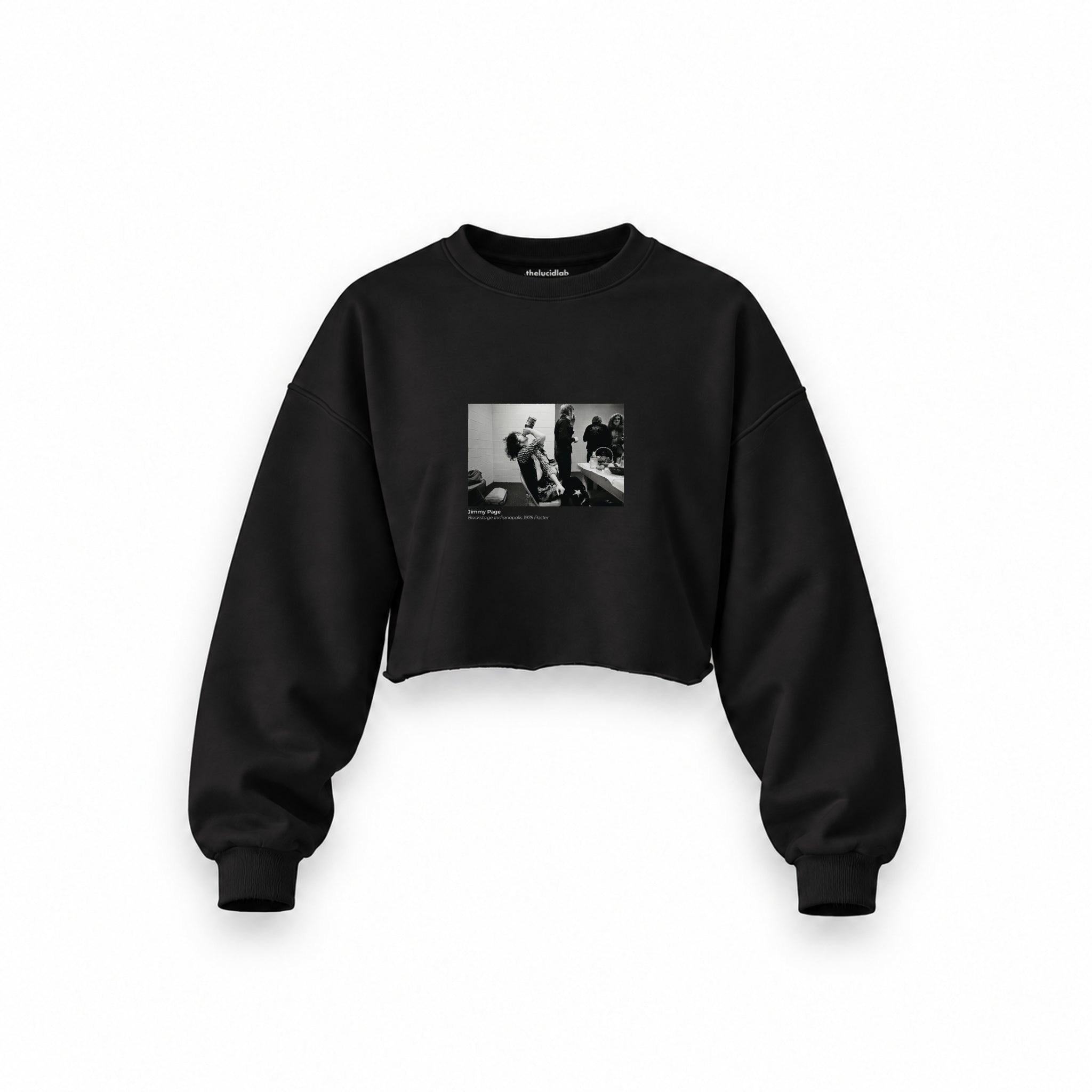 Jimmy Page Backstage Indianapolis 1975 Oversize Crop Sweatshirt — Siyah — Ön baskı