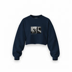 Jimmy Page Backstage Indianapolis 1975 Oversize Crop Sweatshirt — Lacivert — Ön baskı