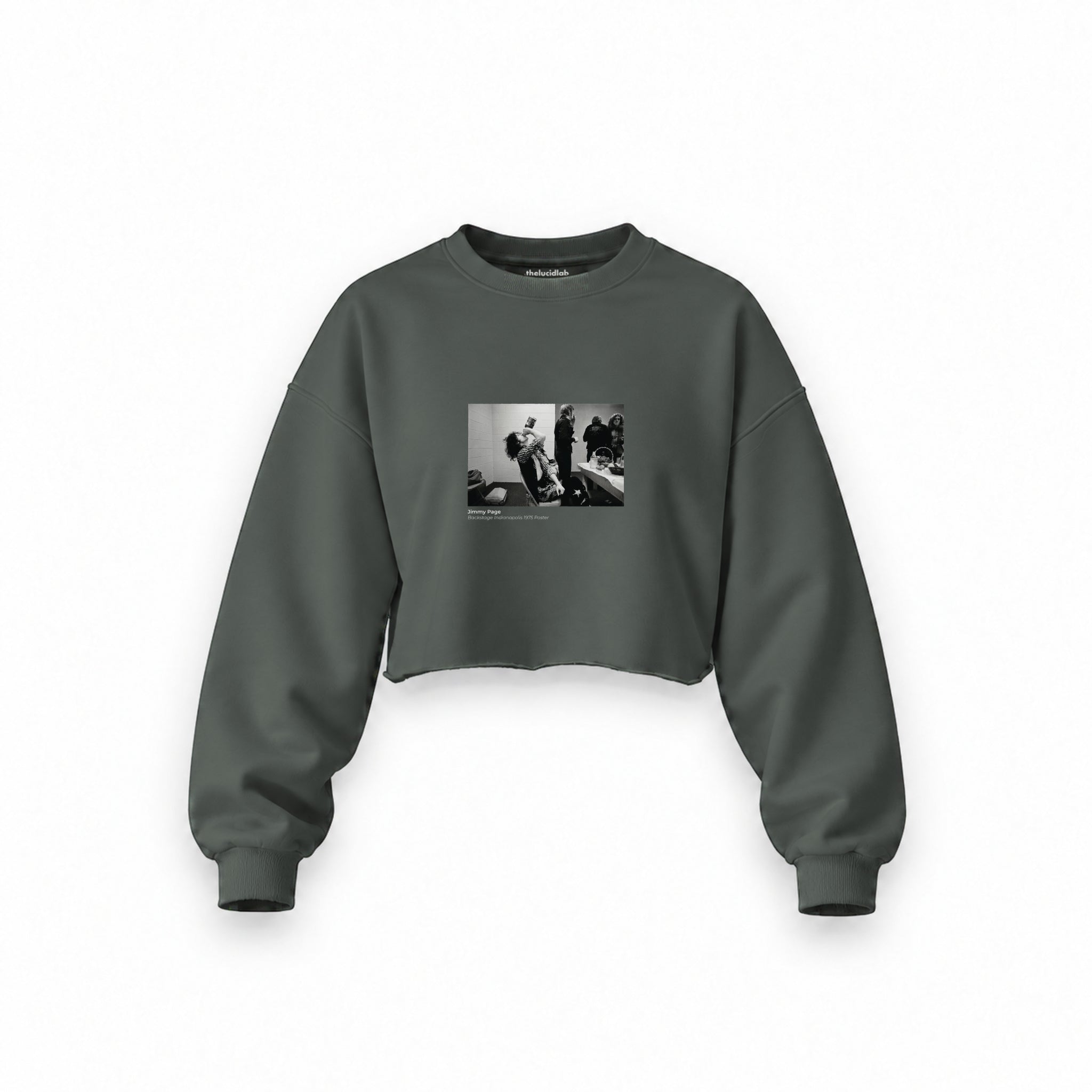 Jimmy Page Backstage Indianapolis 1975 Oversize Crop Sweatshirt — Antrasit — Ön baskı