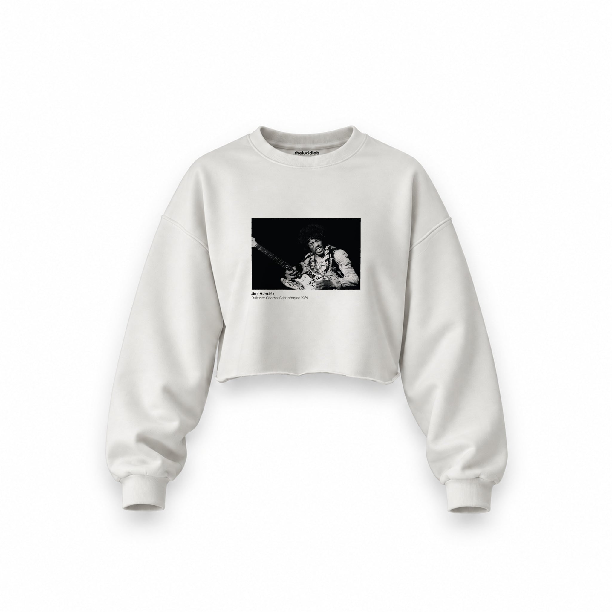 Jimi Hendrix Falkoner Centret Copenhagen 1969 Oversize Crop Sweatshirt — Beyaz — Ön baskı