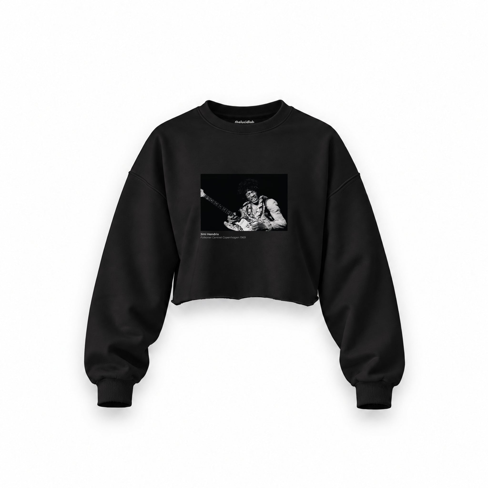 Jimi Hendrix Falkoner Centret Copenhagen 1969 Oversize Crop Sweatshirt — Siyah — Ön baskı