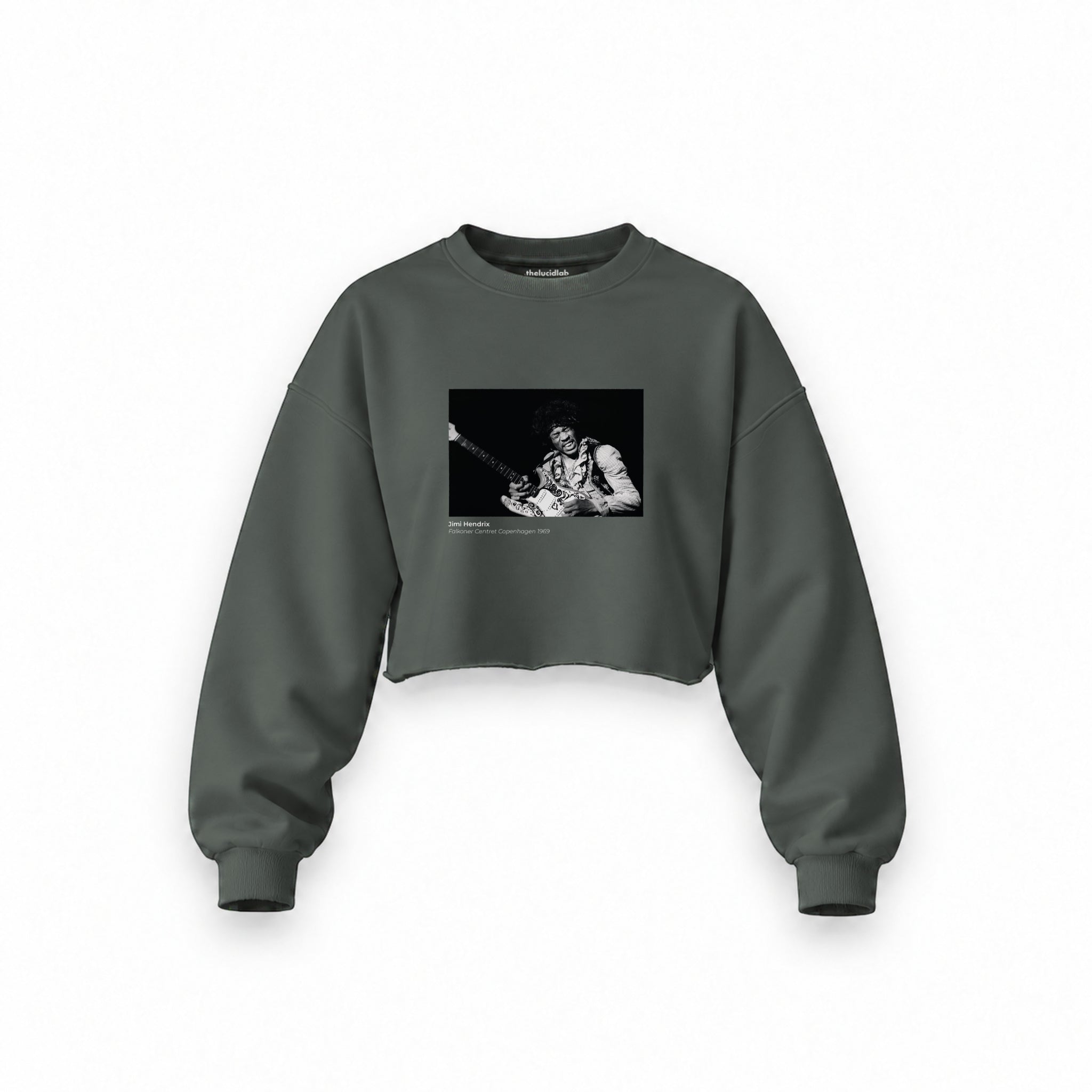 Jimi Hendrix Falkoner Centret Copenhagen 1969 Oversize Crop Sweatshirt — Antrasit — Ön baskı