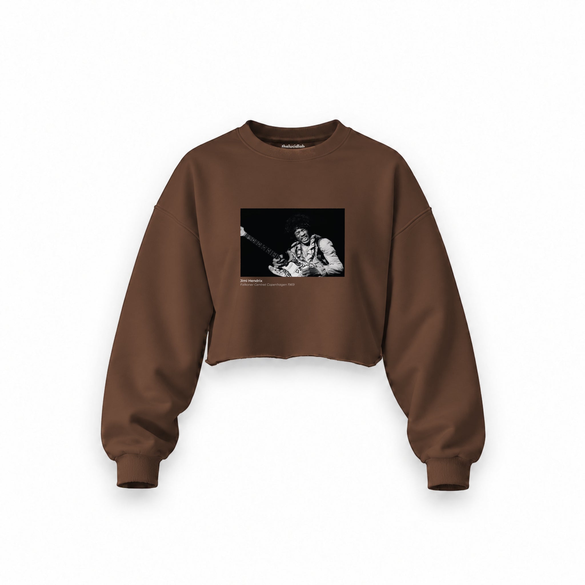 Jimi Hendrix Falkoner Centret Copenhagen 1969 Oversize Crop Sweatshirt — Kahverengi — Ön baskı