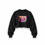 Lips Oversize Crop Sweatshirt — Siyah — Ön baskı