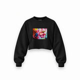 Lips Oversize Crop Sweatshirt — Siyah — Ön baskı