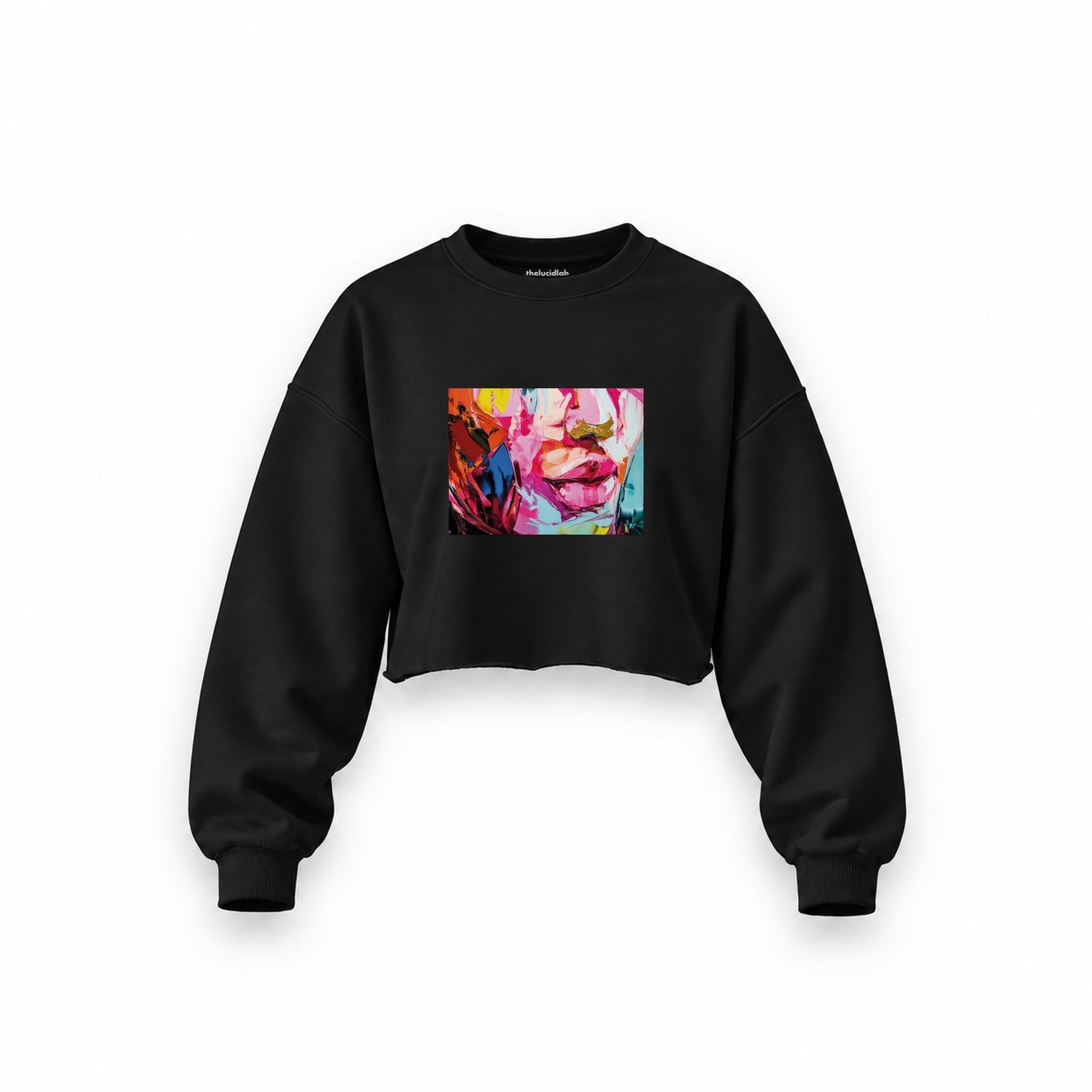 Lips Oversize Crop Sweatshirt — Siyah — Ön baskı