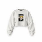 Albert Einstein / Homer Simpson Oversize Crop Sweatshirt — Beyaz — Ön baskı