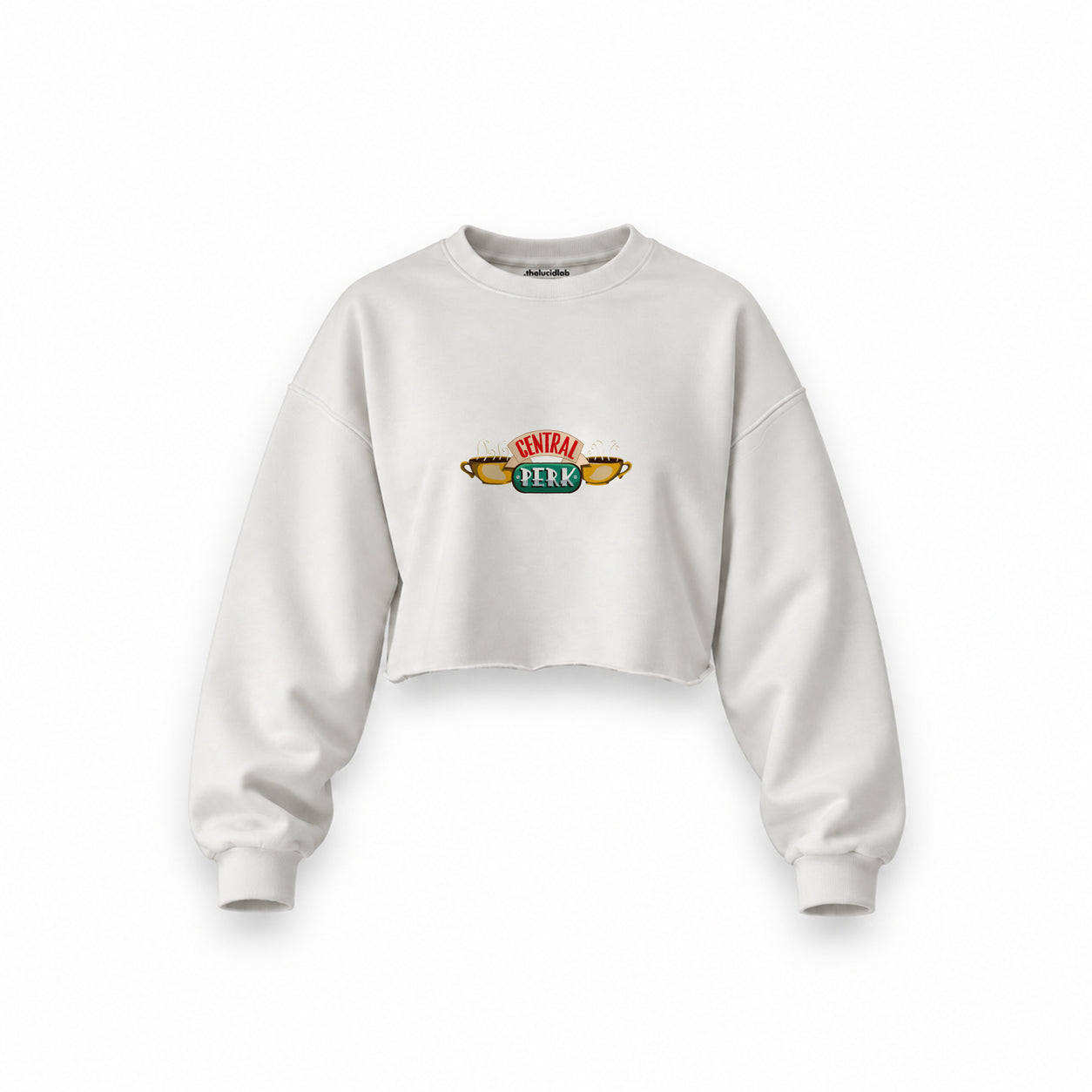 Central Perk / Friends Oversize Crop Sweatshirt — Beyaz — Ön baskı