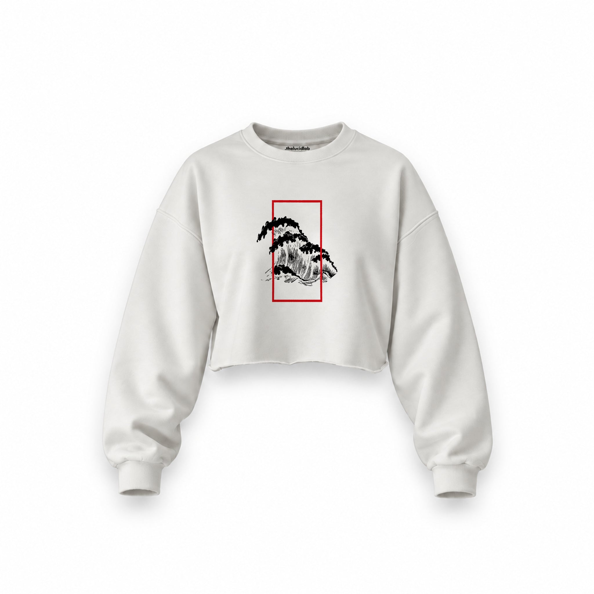 Perspektif Kanagawa Dalgası Oversize Crop Sweatshirt — Beyaz — Ön baskı