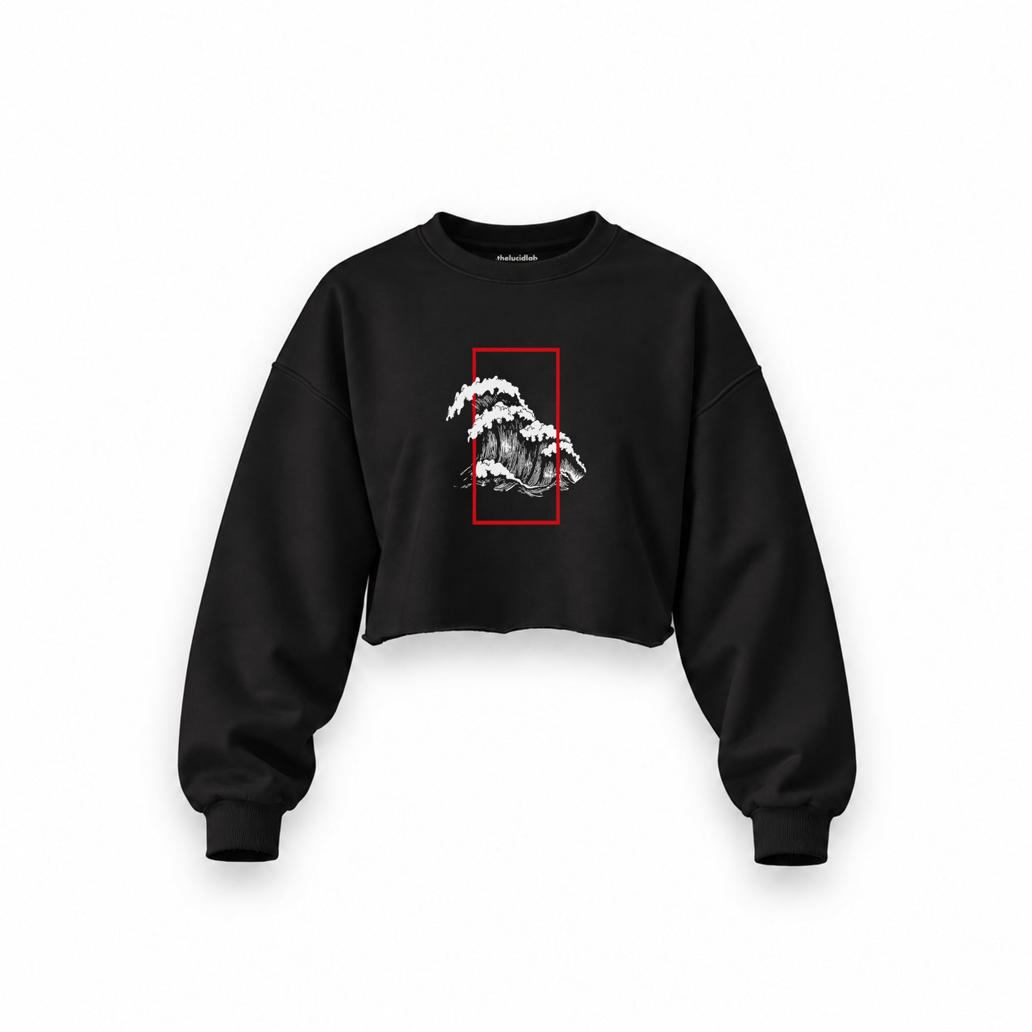 Perspektif Kanagawa Dalgası Oversize Crop Sweatshirt — Siyah — Ön baskı