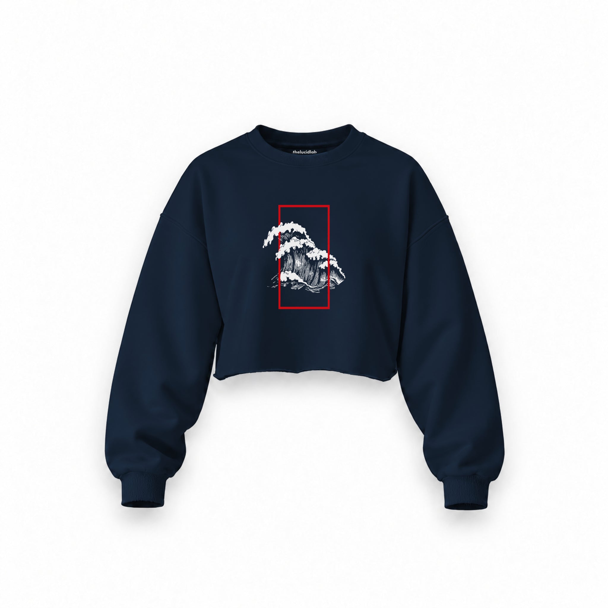 Perspektif Kanagawa Dalgası Oversize Crop Sweatshirt — Lacivert — Ön baskı