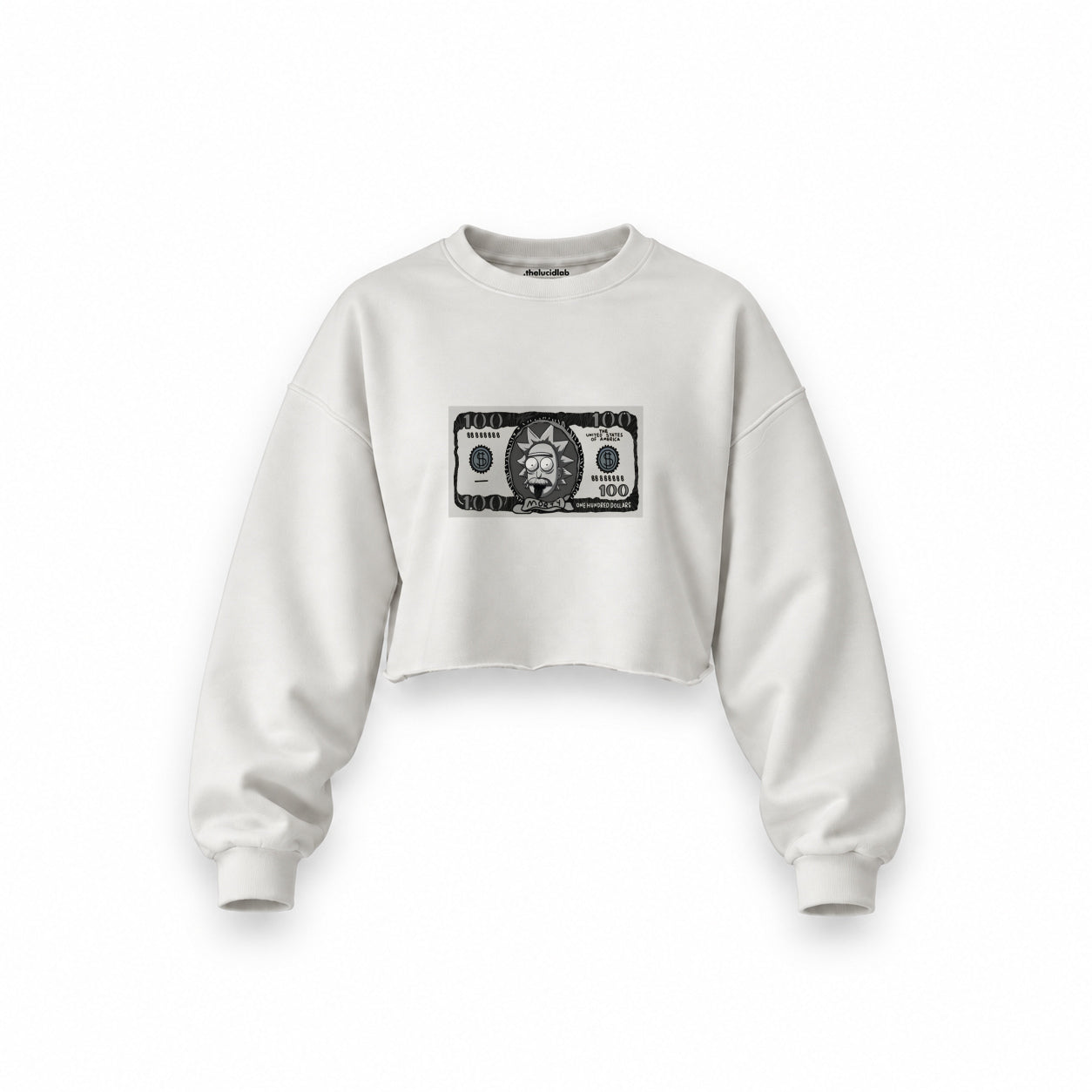 Morty Dollar Oversize Crop Sweatshirt — Beyaz — Ön baskı