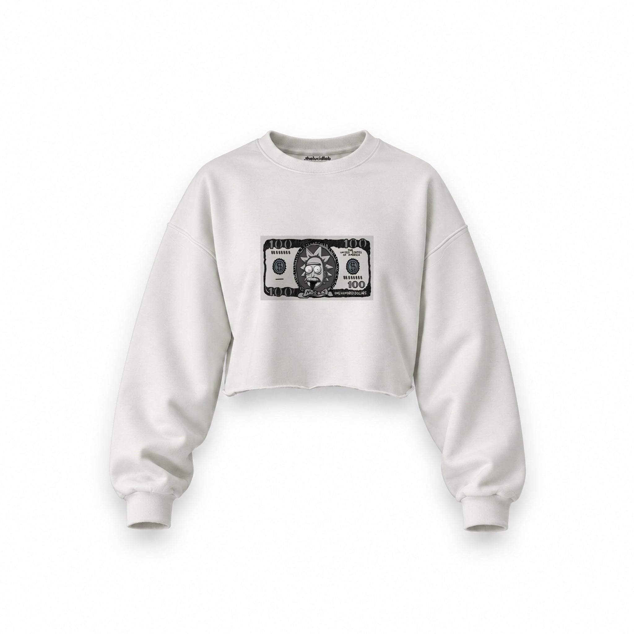 Morty Dollar Oversize Crop Sweatshirt — Beyaz — Ön baskı