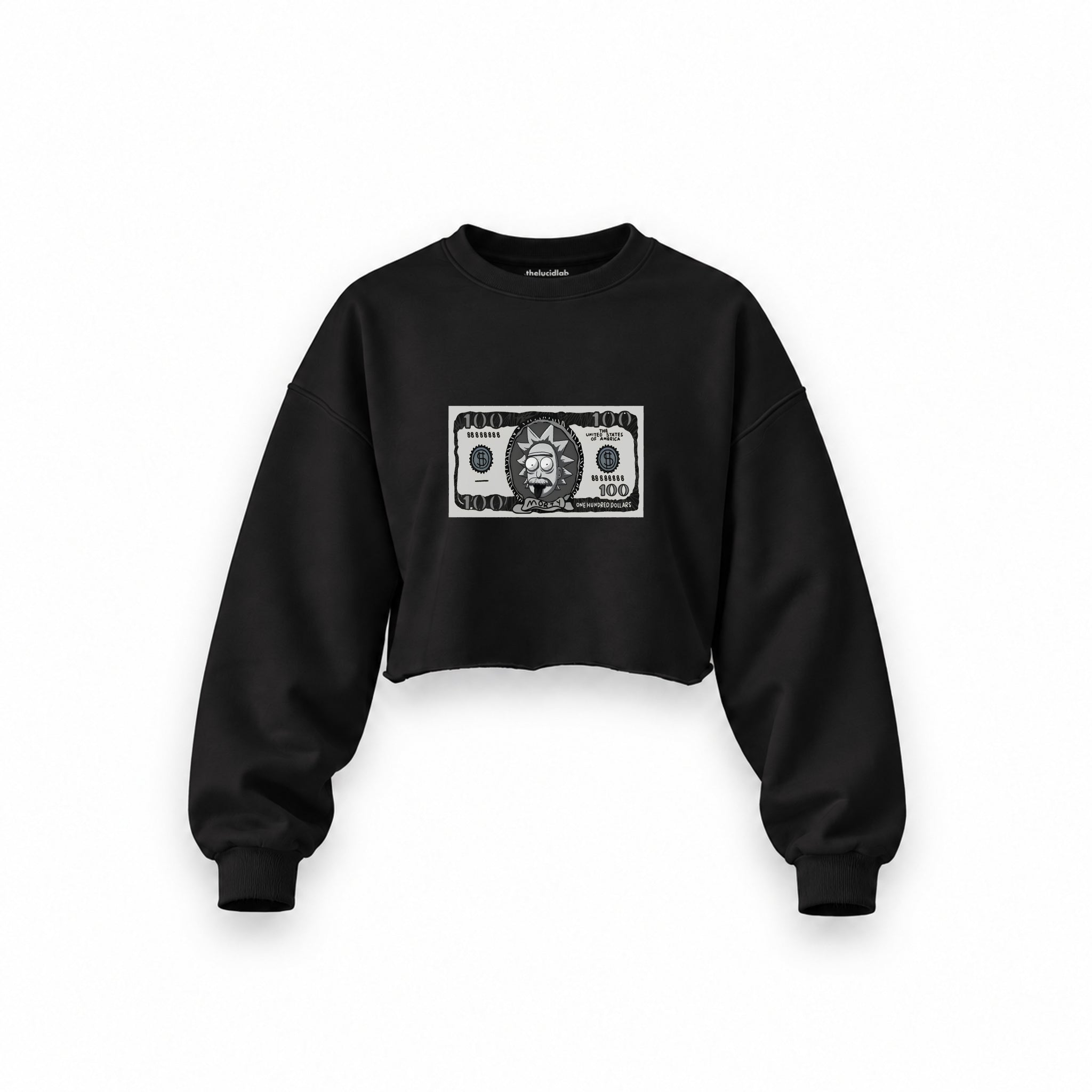Morty Dollar Oversize Crop Sweatshirt — Siyah — Ön baskı