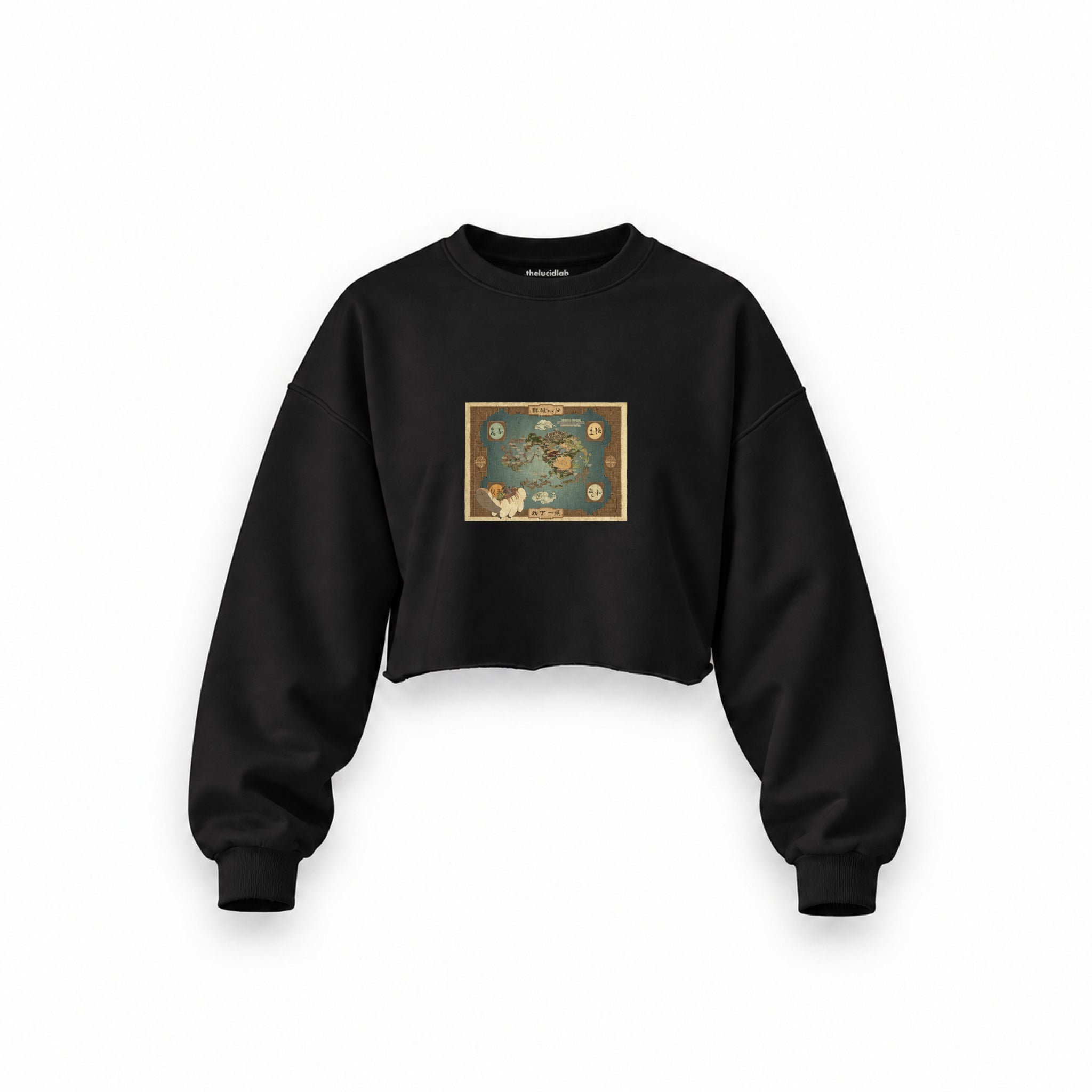Avatar The Last Airbender Map Oversize Crop Sweatshirt — Siyah — Ön baskı