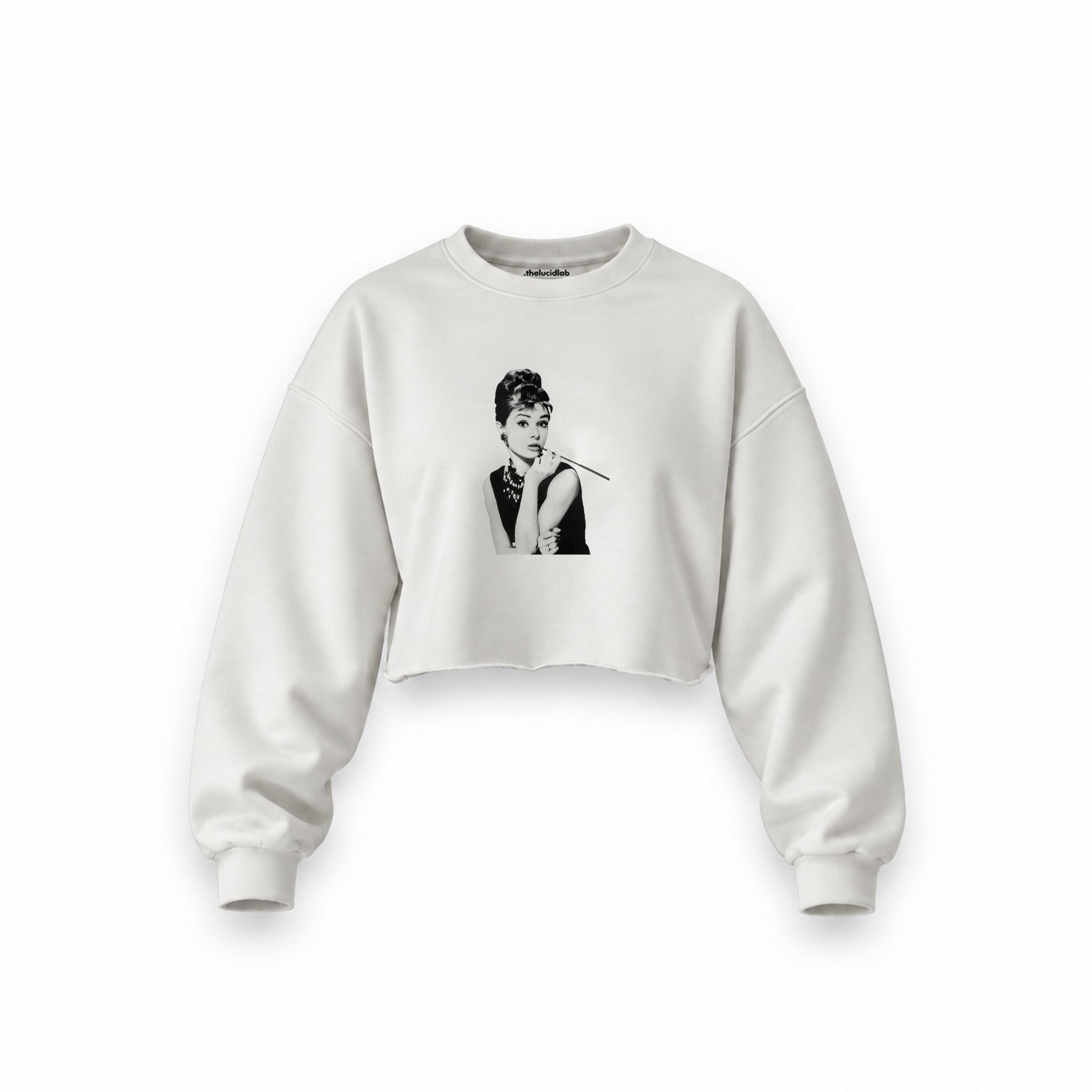 Audrey Hepburn Oversize Crop Sweatshirt — Beyaz — Ön baskı
