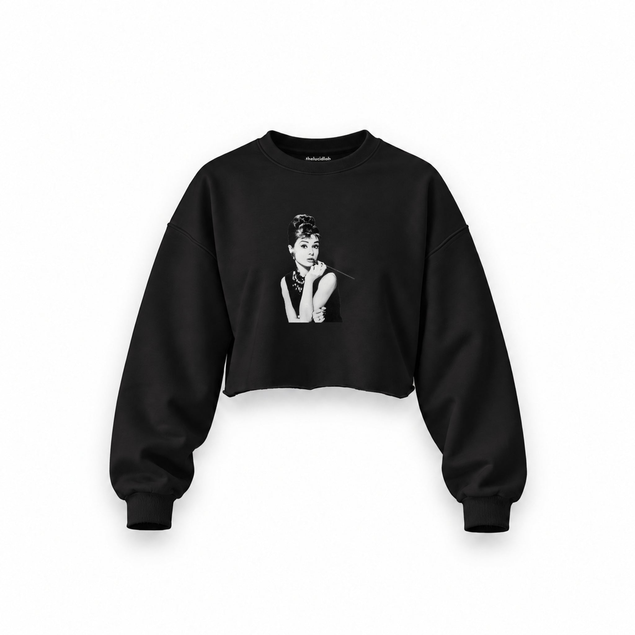 Audrey Hepburn Oversize Crop Sweatshirt — Siyah — Ön baskı