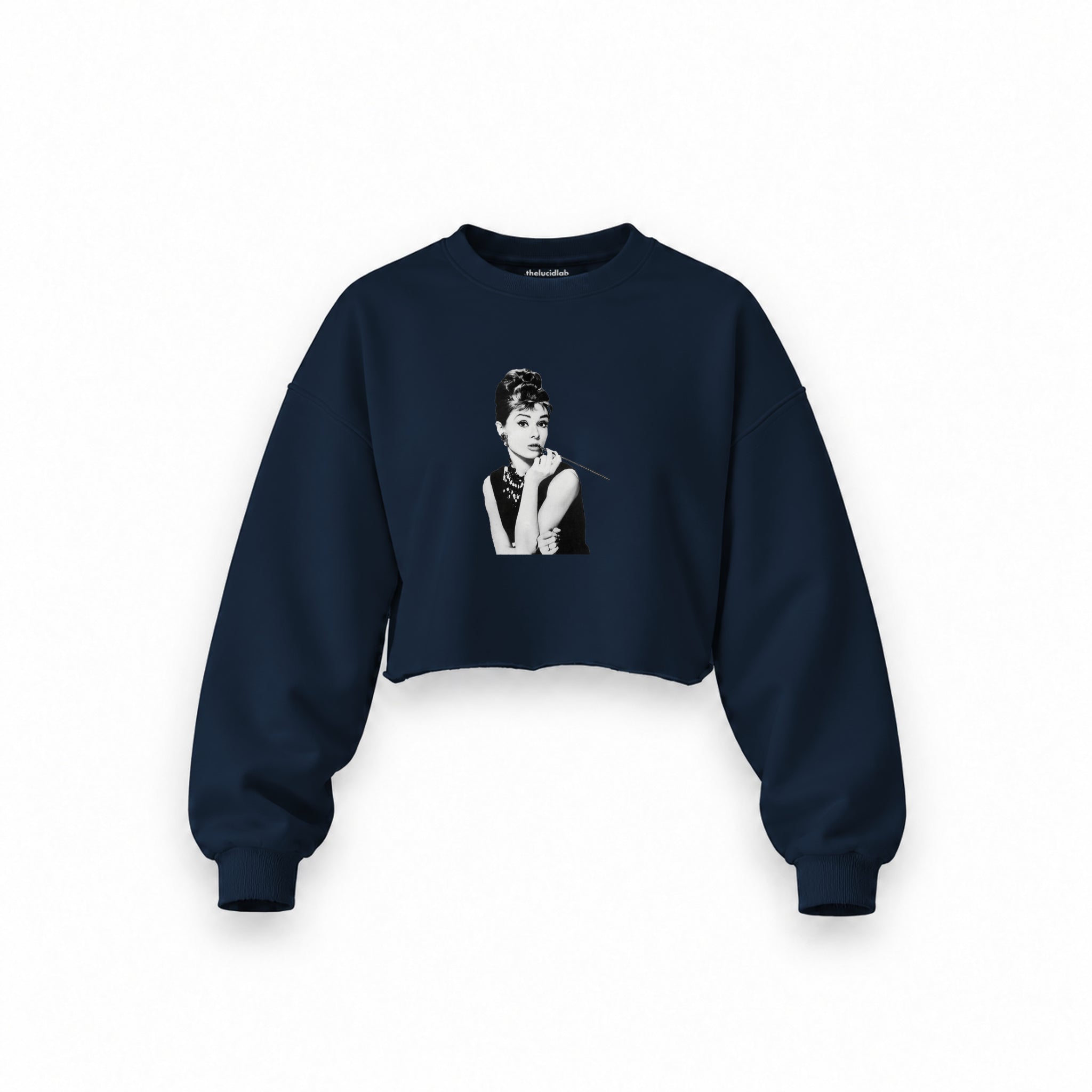 Audrey Hepburn Oversize Crop Sweatshirt — Lacivert — Ön baskı