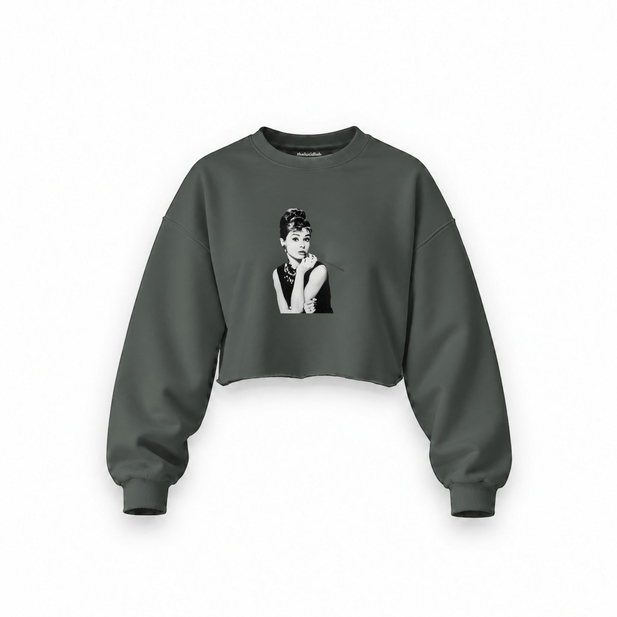 Audrey Hepburn Oversize Crop Sweatshirt — Antrasit — Ön baskı