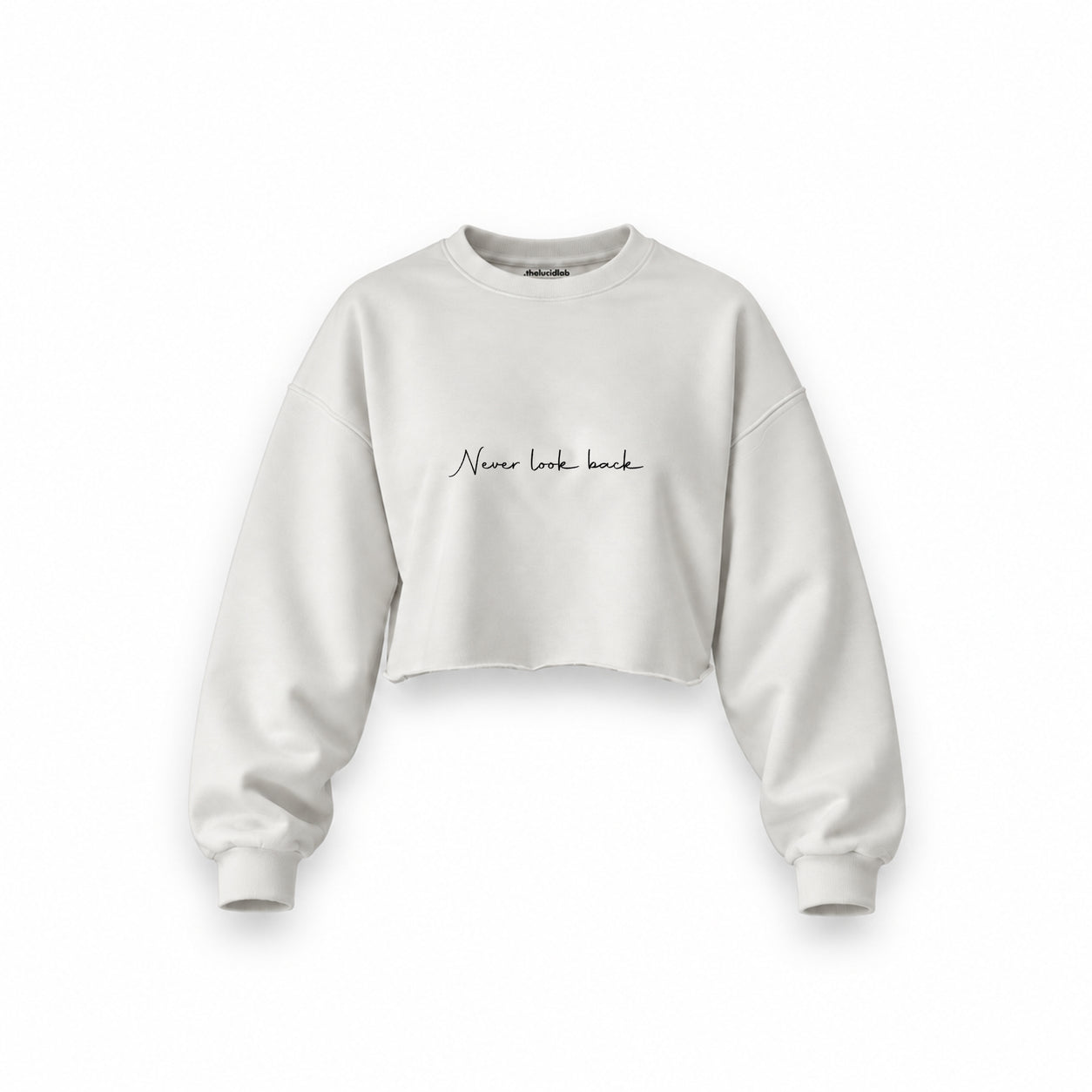 Never Look Back Oversize Crop Sweatshirt — Beyaz — Ön baskı