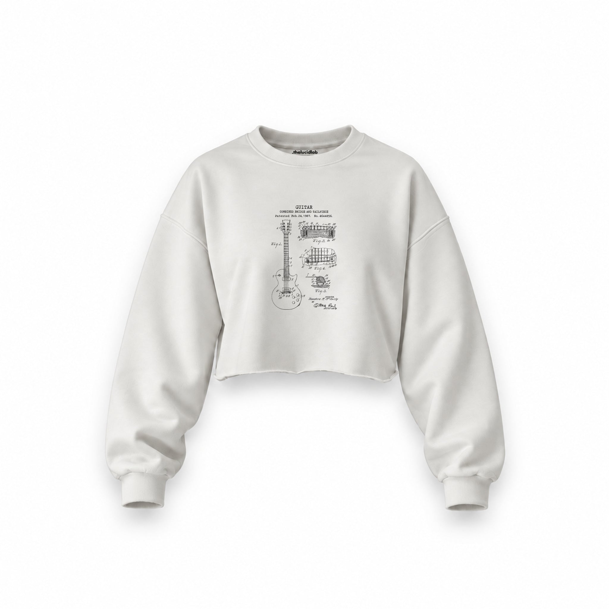 Gibson Les Paul Gitar Oversize Crop Sweatshirt — Beyaz — Ön baskı