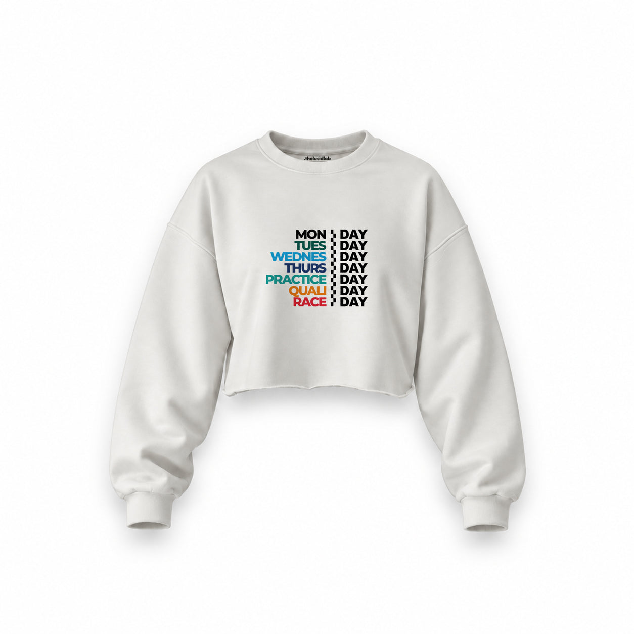 Formula 1 / Week Days Oversize Crop Sweatshirt — Beyaz — Ön baskı