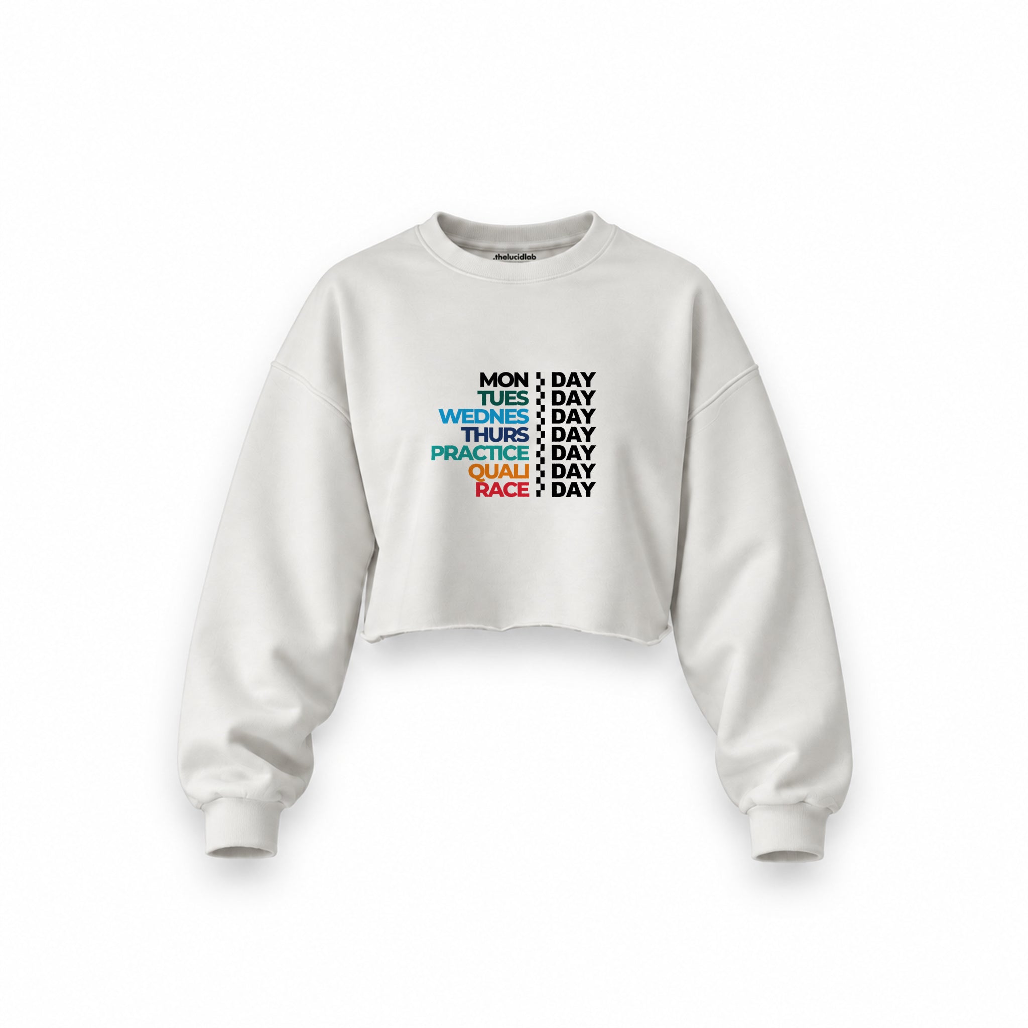 Formula 1 / Week Days Oversize Crop Sweatshirt — Beyaz — Ön baskı