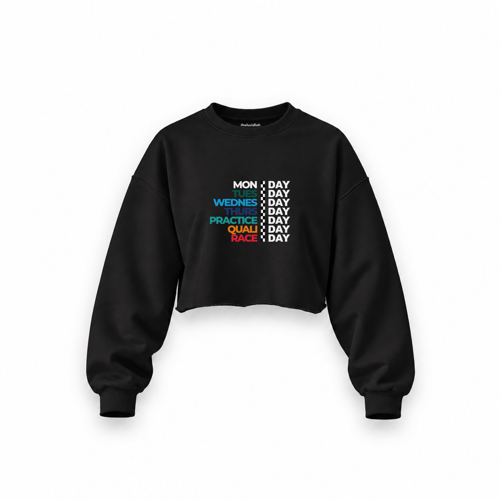 Formula 1 / Week Days Oversize Crop Sweatshirt — Siyah — Ön baskı