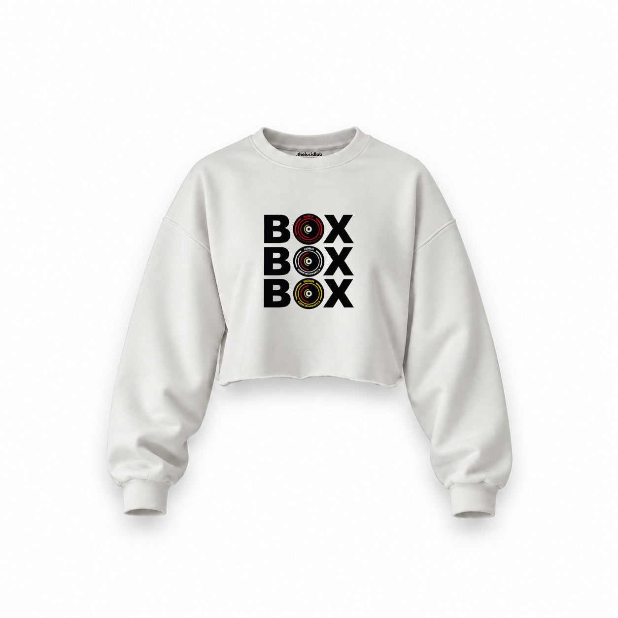 Box Box Box Oversize Crop Sweatshirt — Beyaz — Ön baskı